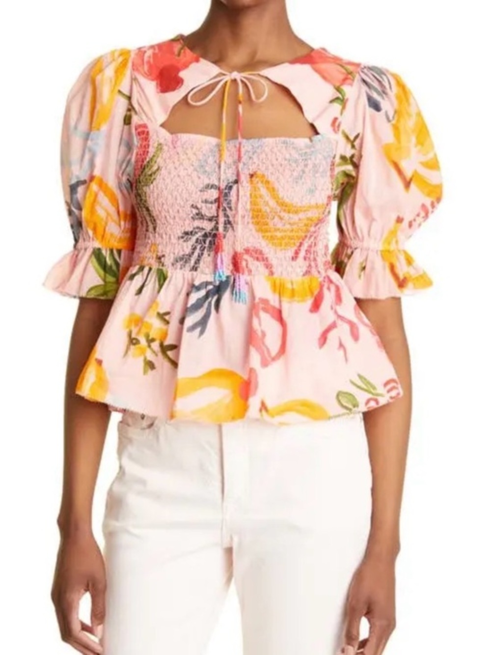 FARM Rio PINK FRUITS OCEAN BLOUSE Floral Smocked Puff-Sleeve Peplum Sz: Small